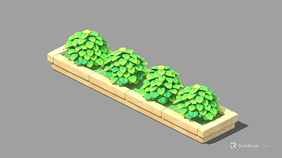 Rectangular Garden Flower Bed With Green Leafy Plants And Yellow Tops 3d model