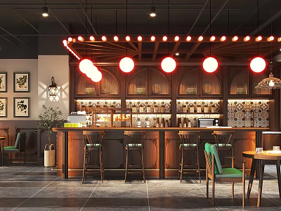 Cozy Café Interior Design with Bar Counter Green Chairs Framed Artworks and Hanging Lights 3d model