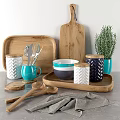 Decorative Set With Wooden Tray Cutting Board Mugs Jars Bowl Spoons And Rosemary Plant
