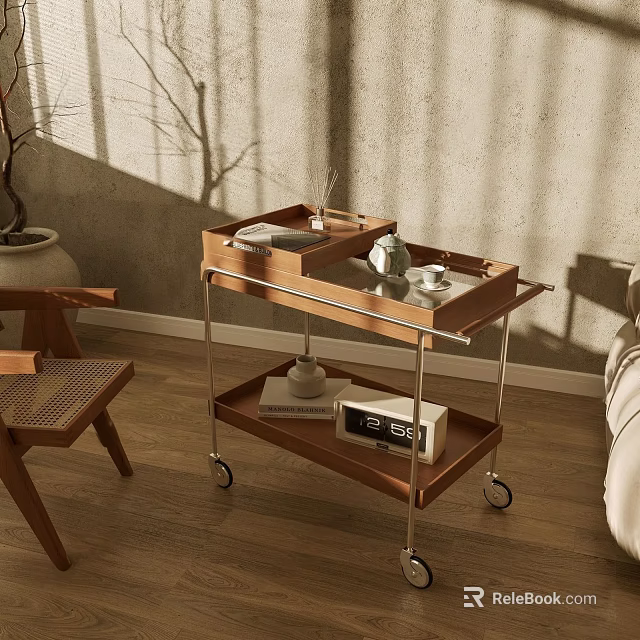 Wooden Rolling Storage Shelf with Metal Frame Tray Cups Books and Clock in Natural Light 3d model 