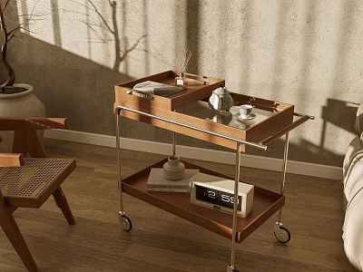 Wooden Rolling Storage Shelf with Metal Frame Tray Cups Books and Clock in Natural Light 3d model