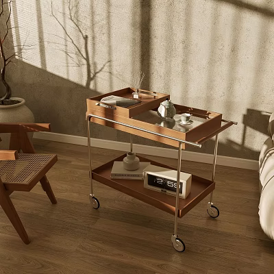 Wooden Rolling Storage Shelf with Metal Frame Tray Cups Books and Clock in Natural Light 3d model