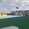 Outdoor Basketball Court With Blue Surface Green Area And Kids Playing Near Yellow Buildings