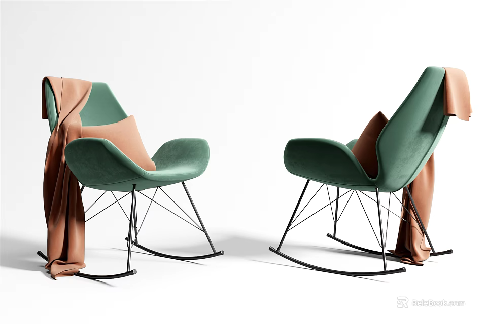 Modern Green Velvet Leisure Rocking Chairs with Black Metal Frame and Brown Blanket Draped 3d model 