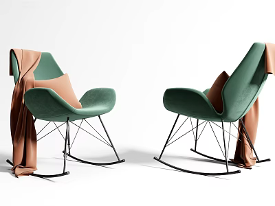 Modern Green Velvet Leisure Rocking Chairs with Black Metal Frame and Brown Blanket Draped 3d model