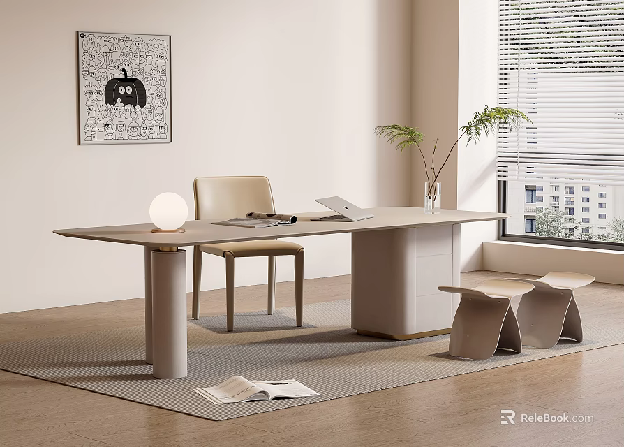 Modern Home Office Desk With Chair Table Lamp Books Plant And Wall Art 3d model 