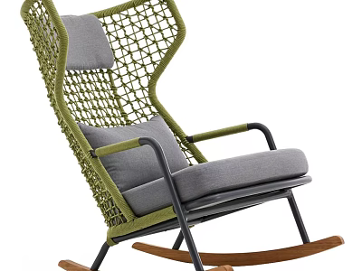 Green Woven Outdoor Rocking Chair With Gray Cushions Metal Frame And Wooden Legs 3d model