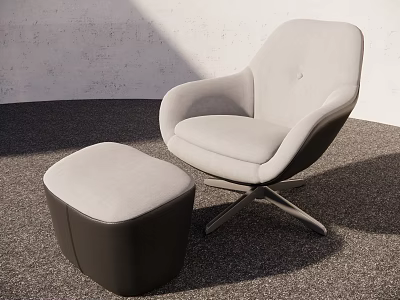 Modern Gray Upholstered Armchair and Ottoman Set with Curved Design and Metal Base 3d model