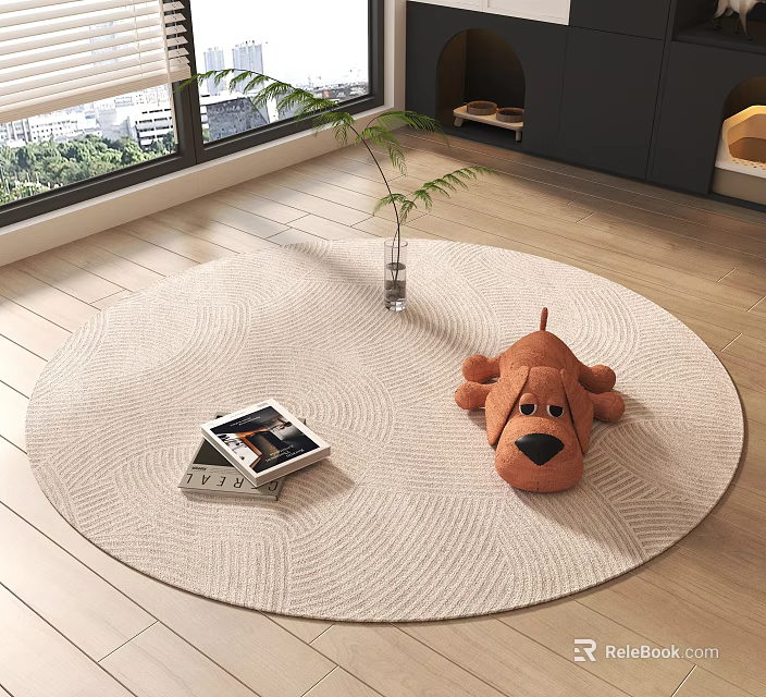Beige Woven Round Area Rug with Plush Dog Toy Magazines Glass Vase and Green Plant 3d model 