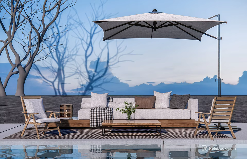 Outdoor Sofa With Cozy Pillows And Wooden Chairs Under Patio Umbrella By Pool 3d model 