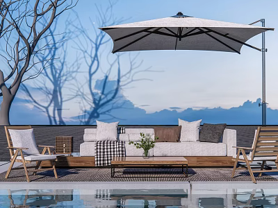 Outdoor Sofa With Cozy Pillows And Wooden Chairs Under Patio Umbrella By Pool 3d model