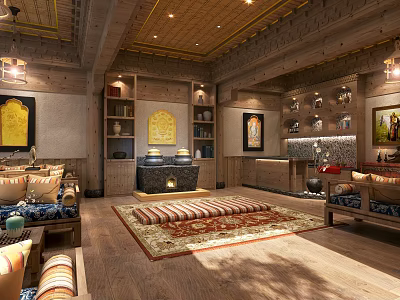 Traditional Hotel Lobby Interior With Wooden Decor Chandeliers Murals And Comfortable Seating 3d model