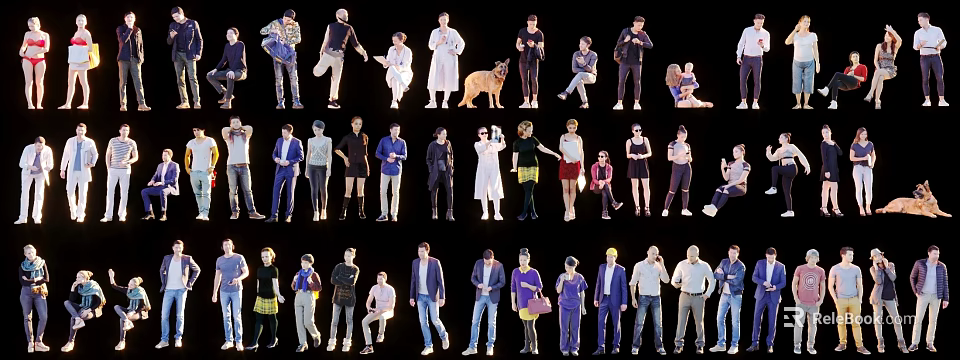 Multiple People with Diverse Poses and Various Outfits Standing and Sitting 3d model 
