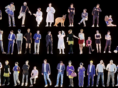 Multiple People with Diverse Poses and Various Outfits Standing and Sitting 3d model