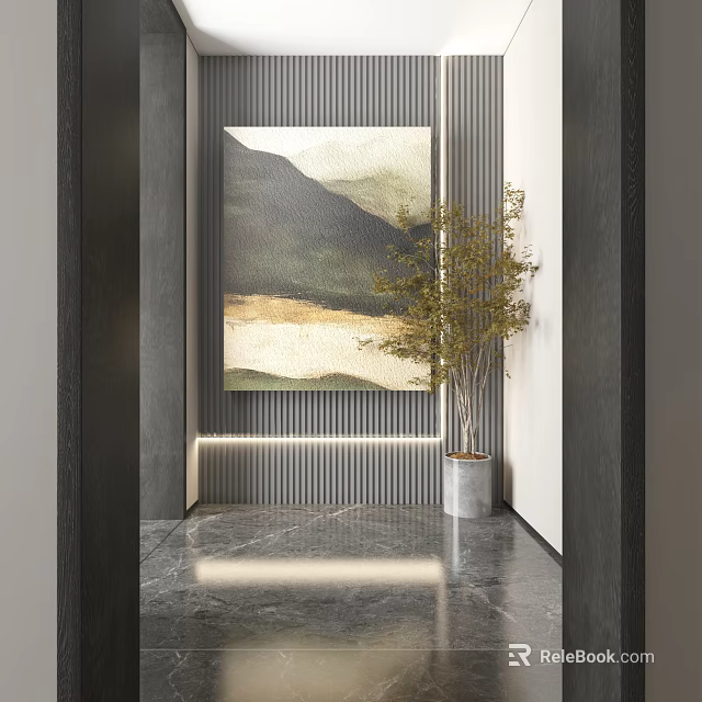 Modern Entryway Decor With Mountain Painting Green Plant And Marble Floor 3d model 