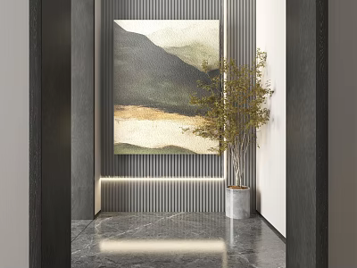 Modern Entryway Decor With Mountain Painting Green Plant And Marble Floor 3d model