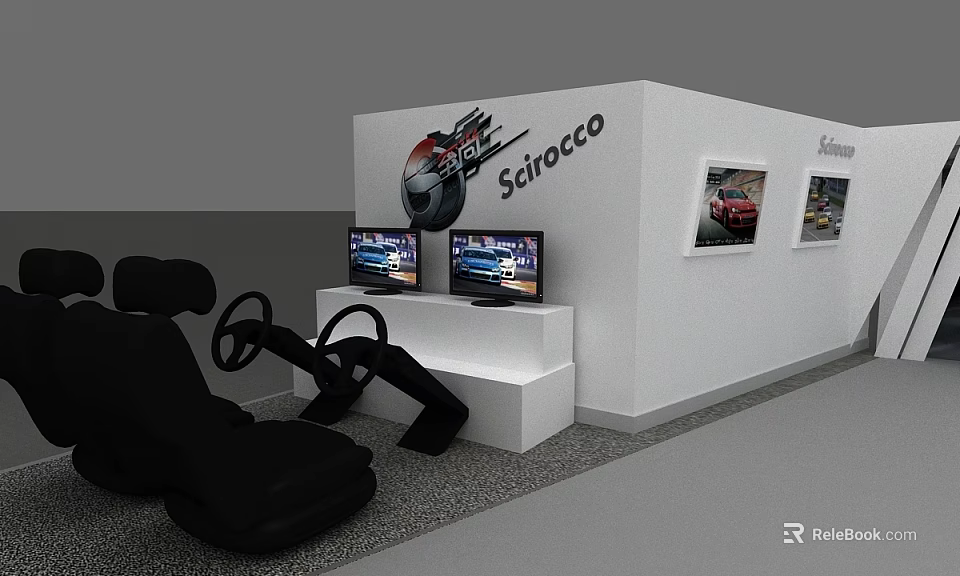 Interactive Scirocco Exhibition Area With Dual Screens Steering Wheel And Black Seats 3d model 