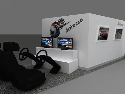 Interactive Scirocco Exhibition Area With Dual Screens Steering Wheel And Black Seats 3d model
