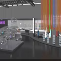 Modern Exhibition Display With Transparent Spheres Colorful Curtains Lighting And Cylindrical Pillars