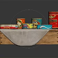 Assorted Canned Food Items Arranged on Wooden Tray with White Cloth