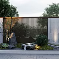 Modern Garden Wall Design With Metal Grille Stone Panels Water Fountain And Greenery