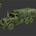Military Truck with Camouflage Paint Canvas Covered Cargo Bed and Multiple Wheels