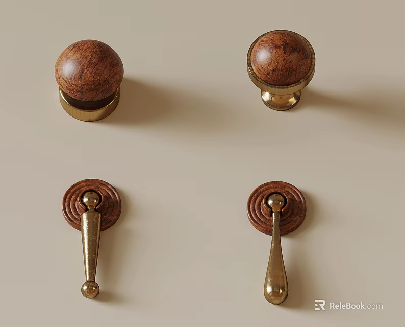 Wooden And Brass Cabinet Knobs And Pulls With Various Designs 3d model 