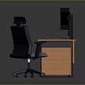 Modern Office Workstation With Wooden Desk Dual Monitors And Ergonomic Chair