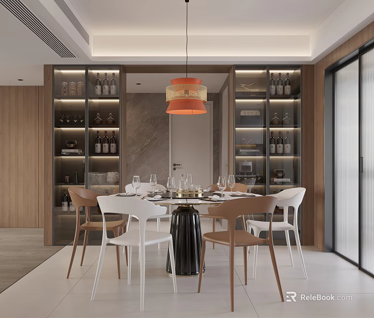Modern Stylish Dining Room Interior With Dining Table Chairs Pendant Light And Wine Cabinets 3d model 
