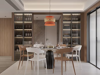 Modern Stylish Dining Room Interior With Dining Table Chairs Pendant Light And Wine Cabinets 3d model