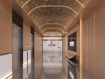Modern Elevator Hallway Interior With Ceiling Lights Elevator Doors And Polished Floor 3d model