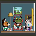 Playful Frog Fox and Cat Sitting in Cozy Room with Plant Window Bookshelf and Furniture