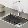 Stainless Steel Kitchen Sink With Faucet Running Water And Stacked Bowls On Counter