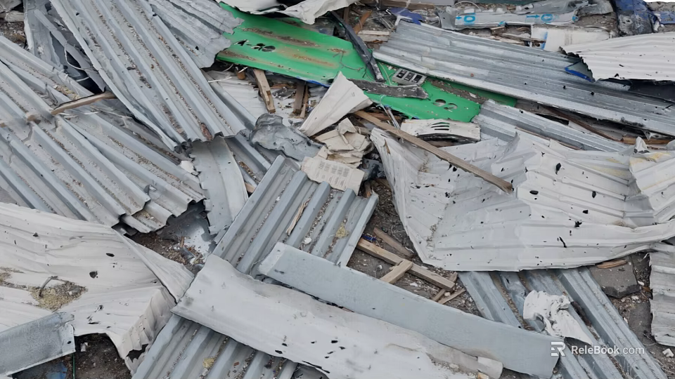 Pile of Scrap Metal Featuring Corrugated Iron Sheets Broken Panels And Wooden Pieces 3d model 