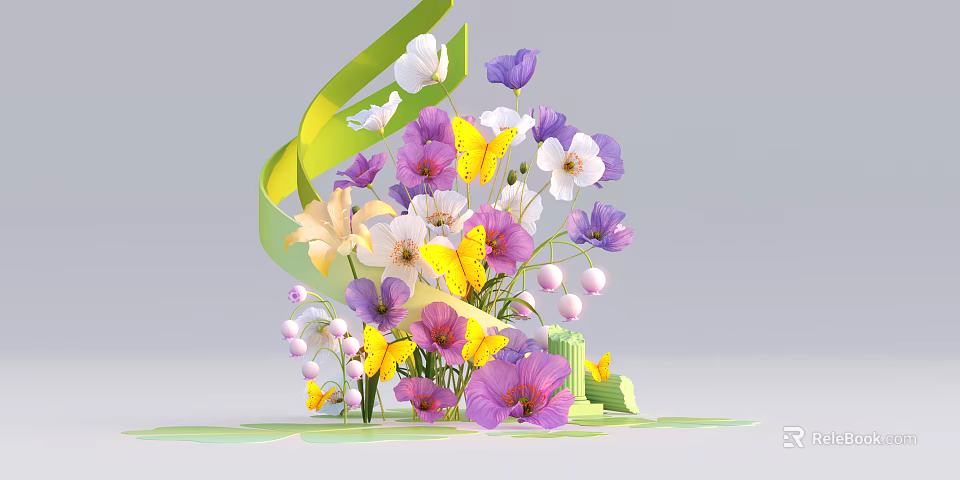 Decorative Window Display with Purple White Flowers Yellow Butterflies Pink Berries and Green Foliage 3d model 