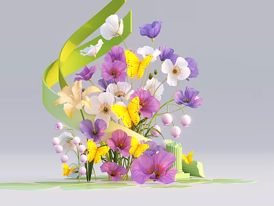 Decorative Window Display with Purple White Flowers Yellow Butterflies Pink Berries and Green Foliage 3d model