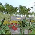 Park Landscape Featuring Palm Trees Banana Plants Red Drums Yellow Umbrella and Lamp Posts