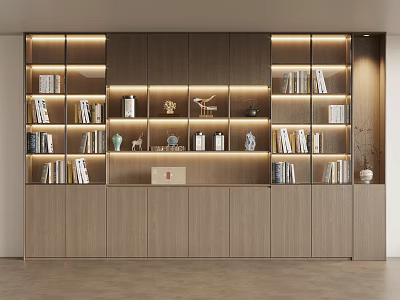 Modern Wooden Bookcase With Elegant Design Built in Lighting Books And Decorative Items 3d model