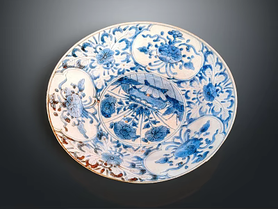 Blue and White Porcelain Plate Adorned With Floral Plant Patterns And Detailed Designs 3d model