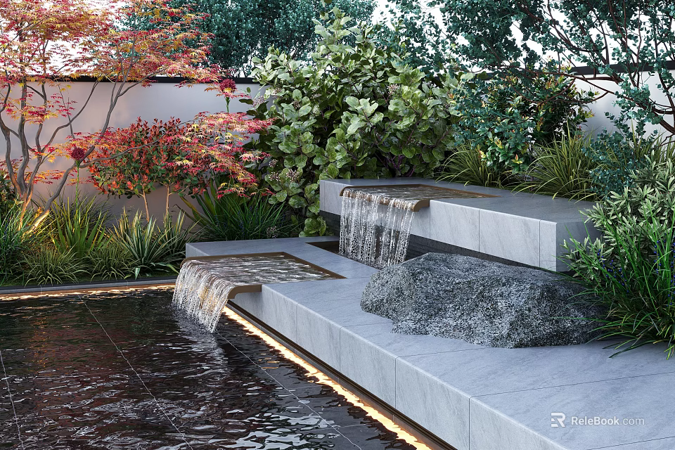 Garden Water Fountain With Cascading Waterfall Stone Pool Steps And Lush Greenery 3d model 