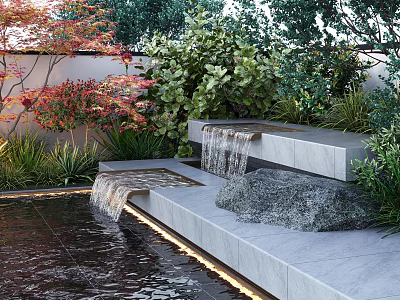 Garden Water Fountain With Cascading Waterfall Stone Pool Steps And Lush Greenery 3d model