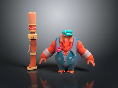 Cartoon Character With Blue Cap Orange Skin Blue Overalls Red Flower And Decorative Pillar 3d model