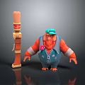 Cartoon Character With Blue Cap Orange Skin Blue Overalls Red Flower And Decorative Pillar