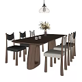 Modern Wooden Dining Table Set with Mixed Design Chairs and Flower Vase Under Pendant Light