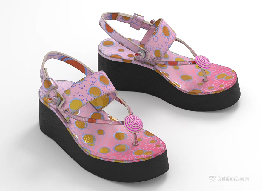 Pink Polka Dot Platform Sandals with Decorative Straps and Black Thick Sole 3d model 