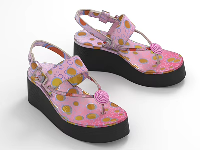 Pink Polka Dot Platform Sandals with Decorative Straps and Black Thick Sole 3d model