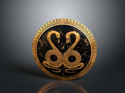Ornate Round Weapon With Golden Border And Two Intertwined Greek Snakes 3d model