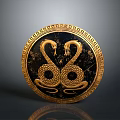 Ornate Round Weapon With Golden Border And Two Intertwined Greek Snakes
