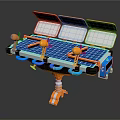 Solar Powered Household Electrical Appliance With Orange Blue Components And Stable Base Stand
