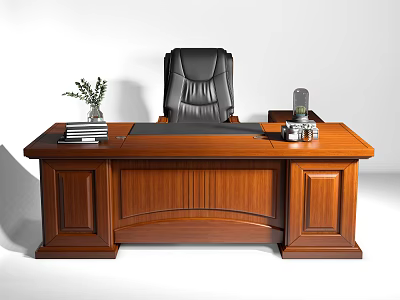 Classic Wooden Office Desk With Books Green Plant Telephone And Black Leather Chair 3d model